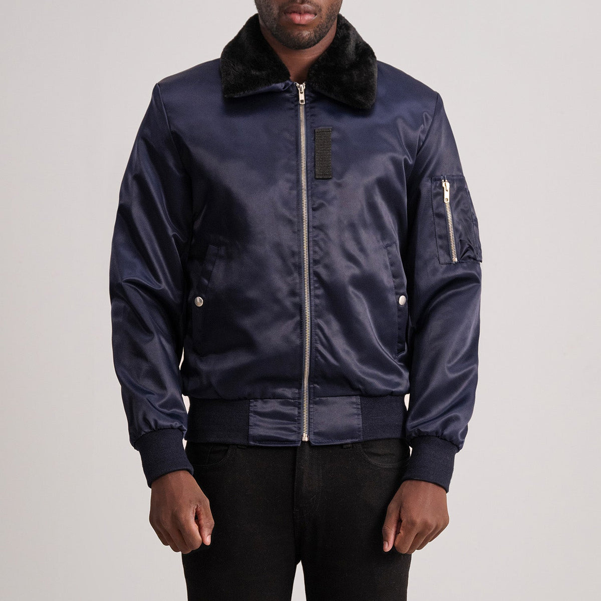 Clyde B-15 Blue 가죽 봄버 자켓 남성용 in Blue Satin - Front Profile View &amp; Tailored Silhouette | Buy Online