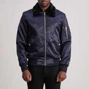 Clyde B-15 Blue 가죽 봄버 자켓 남성용 in Blue Satin - Front Profile View &amp; Tailored Silhouette | Buy Online
