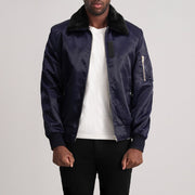 Clyde B-15 Blue 가죽 봄버 자켓 남성용 - Lateral Side Profile View Showing Sleeve Cut &amp; Athletic Taper Fit