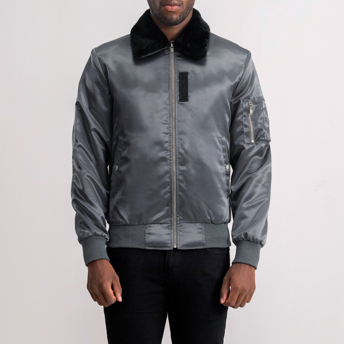 Clyde B-15 Grey Bomber Jacket in Grey Satin - Front Profile View &amp; Tailored Silhouette | Buy Online