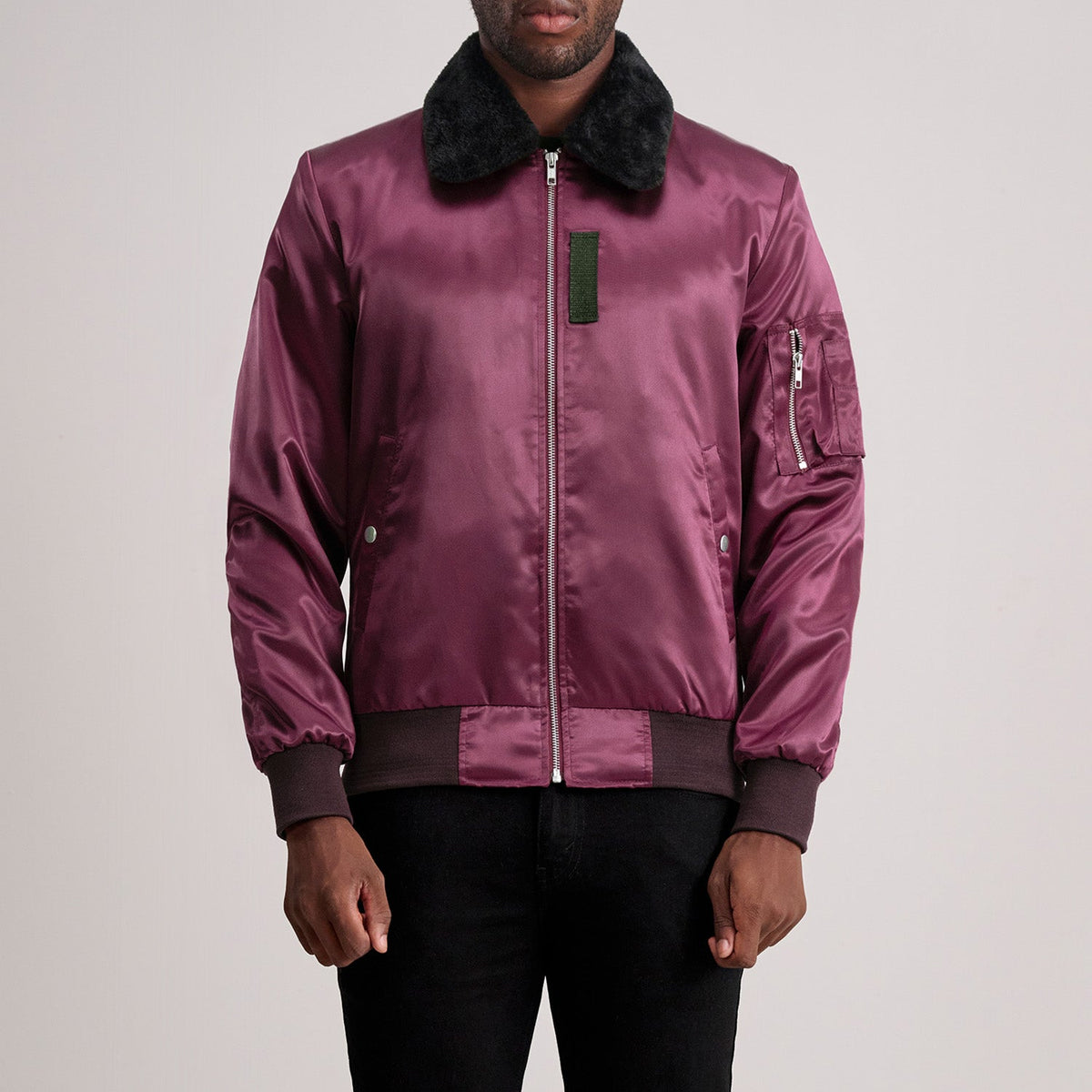 Clyde B-15 Maroon 가죽 봄버 자켓 남성용 in Maroon Satin - Front Profile View &amp; Tailored Silhouette | Buy Online