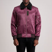 Clyde B-15 Maroon 가죽 봄버 자켓 남성용 in Maroon Satin - Front Profile View &amp; Tailored Silhouette | Buy Online