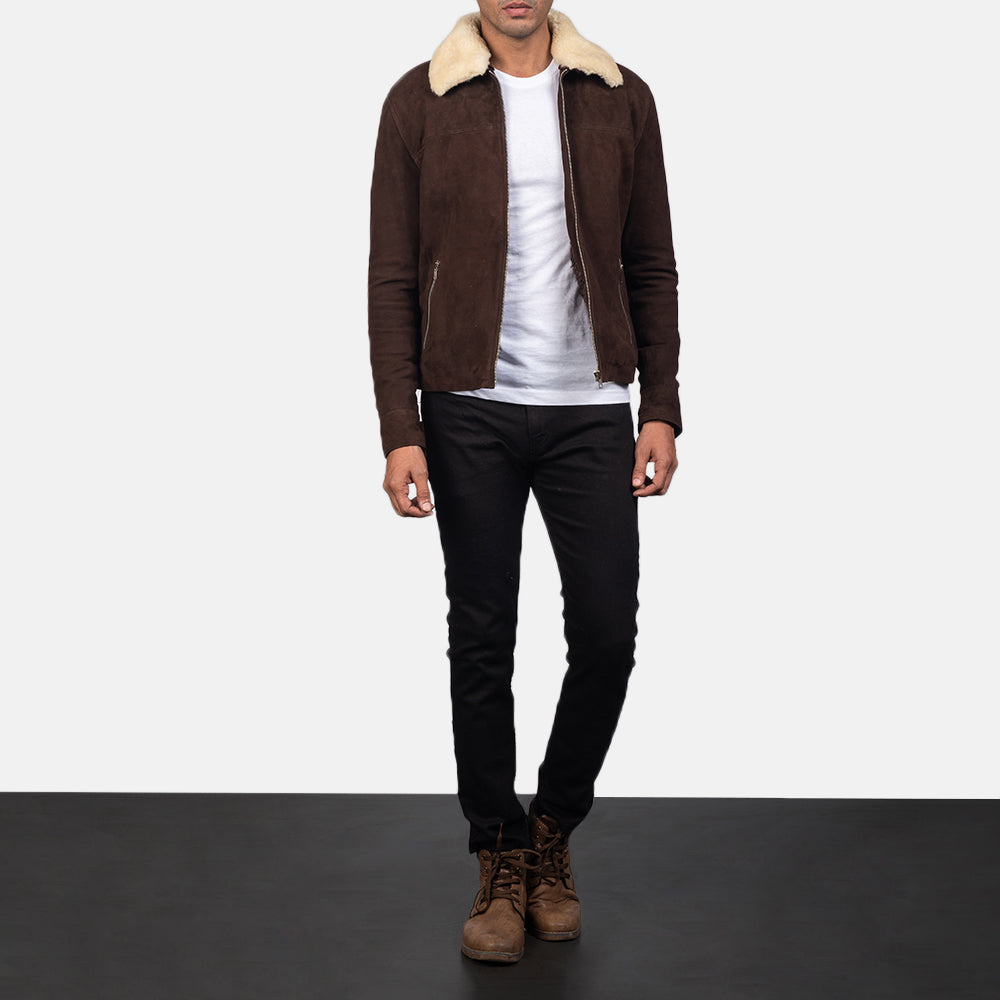 Men's Coffner 브라운 Shearling Fur 가죽 자켓 남성용 - Lateral Side Profile View Showing Sleeve Cut &amp; Athletic Taper Fit