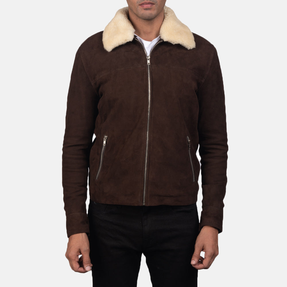 Close-Up Detail of Shirt with Removable Fur Collar &amp; Zipper Hardware on Men's Coffner 브라운 Shearling Fur 가죽 자켓 남성용