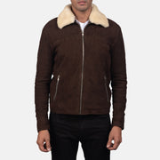 Close-Up Detail of Shirt with Removable Fur Collar &amp; Zipper Hardware on Men's Coffner 브라운 Shearling Fur 가죽 자켓 남성용