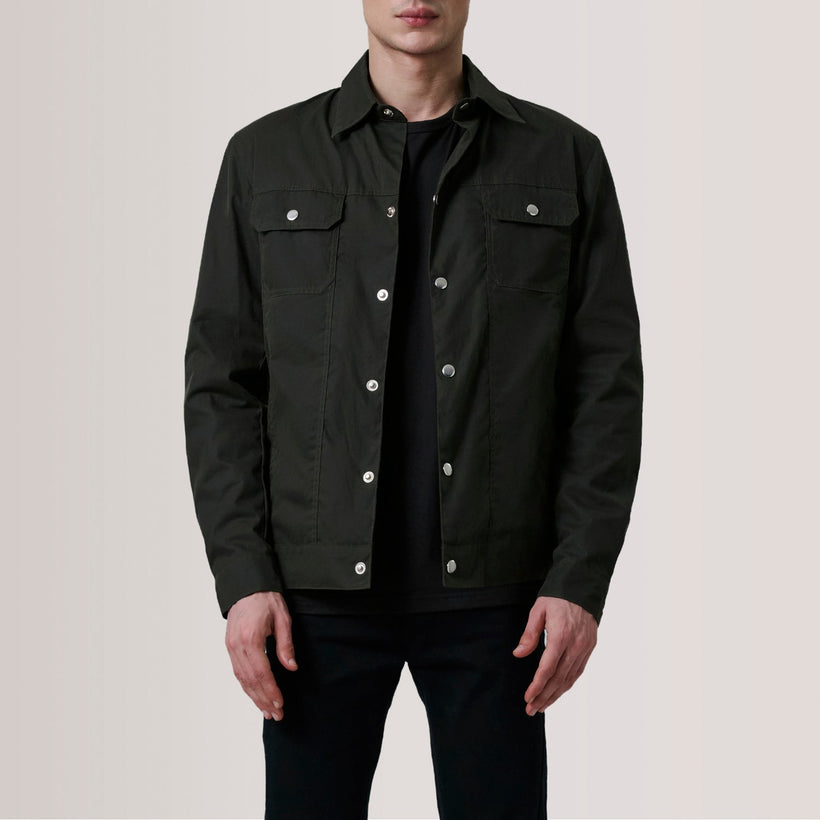 Colberto Olive Waxed Canvas Trucker 가죽 자켓 남성용