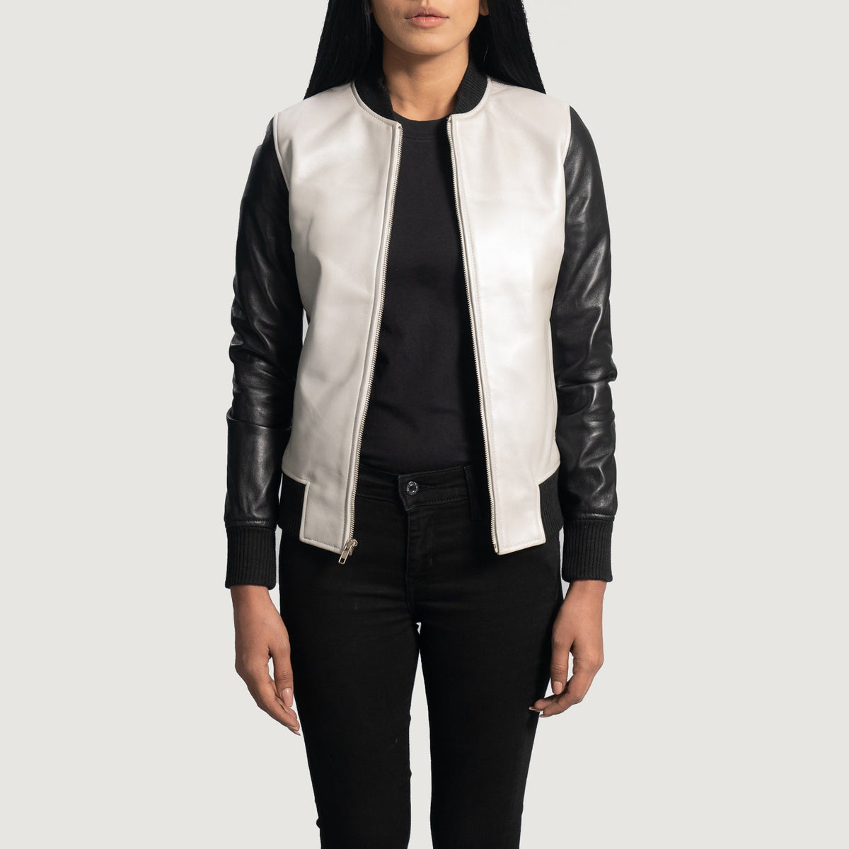 Women's Cole Silver 가죽 봄버 자켓 여성용 - Lateral Side Profile View Showing Sleeve Cut &amp; Athletic Taper Fit