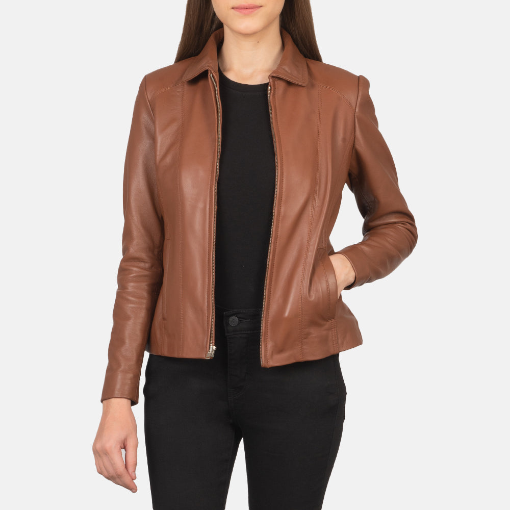Women Colette 브라운 가죽 자켓 여성용 in Brown Sheepskin Leather - Front Profile View &amp; Tailored Silhouette | Buy Online