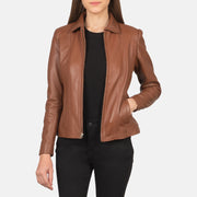 Women Colette 브라운 가죽 자켓 여성용 in Brown Sheepskin Leather - Front Profile View &amp; Tailored Silhouette | Buy Online