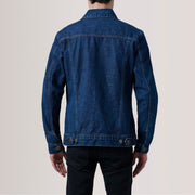 
클로즈업 상세 of Classic Collar & Heavy-Duty Zipper Hardware on Conard Dark 블루 Denim Trucker 가죽 자켓 남성용 For Men