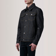 
Conard Faded 블랙 Denim Trucker 가죽 자켓 남성용 For Men - 입체 소매 커팅과 슬림 테이퍼드 핏을 보여주는 측면 뷰