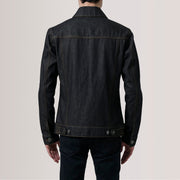 
클로즈업 상세 of Classic Collar & Heavy-Duty Zipper Hardware on Conard Faded 블랙 Denim Trucker 가죽 자켓 남성용 For Men