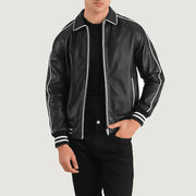 Cooper 블랙 Leather Varsity 가죽 자켓 남성용 in Black Sheepskin Leather - Front Profile View &amp; Tailored Silhouette | Buy Online