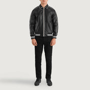 Cooper 블랙 Leather Varsity 가죽 자켓 남성용 - Lateral Side Profile View Showing Sleeve Cut &amp; Athletic Taper Fit