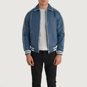 Cooper Blue Leather Varsity 가죽 자켓 남성용 in Blue Sheepskin Leather - Front Profile View &amp; Tailored Silhouette | Buy Online