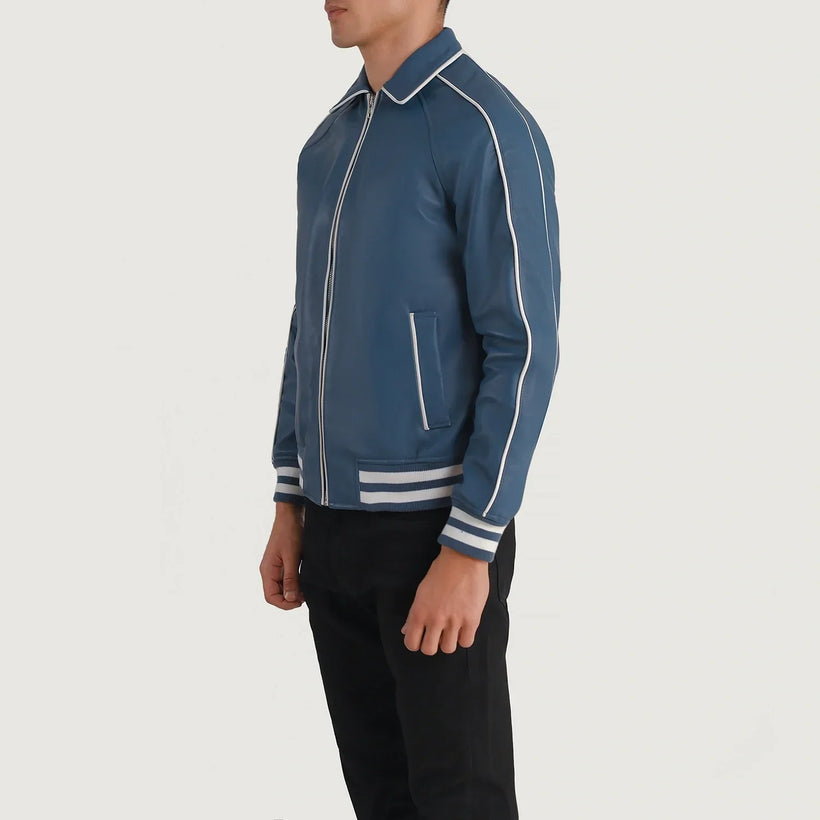 Cooper Blue Leather Varsity 가죽 자켓 남성용