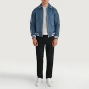 Cooper Blue Leather Varsity 가죽 자켓 남성용 - Lateral Side Profile View Showing Sleeve Cut &amp; Athletic Taper Fit