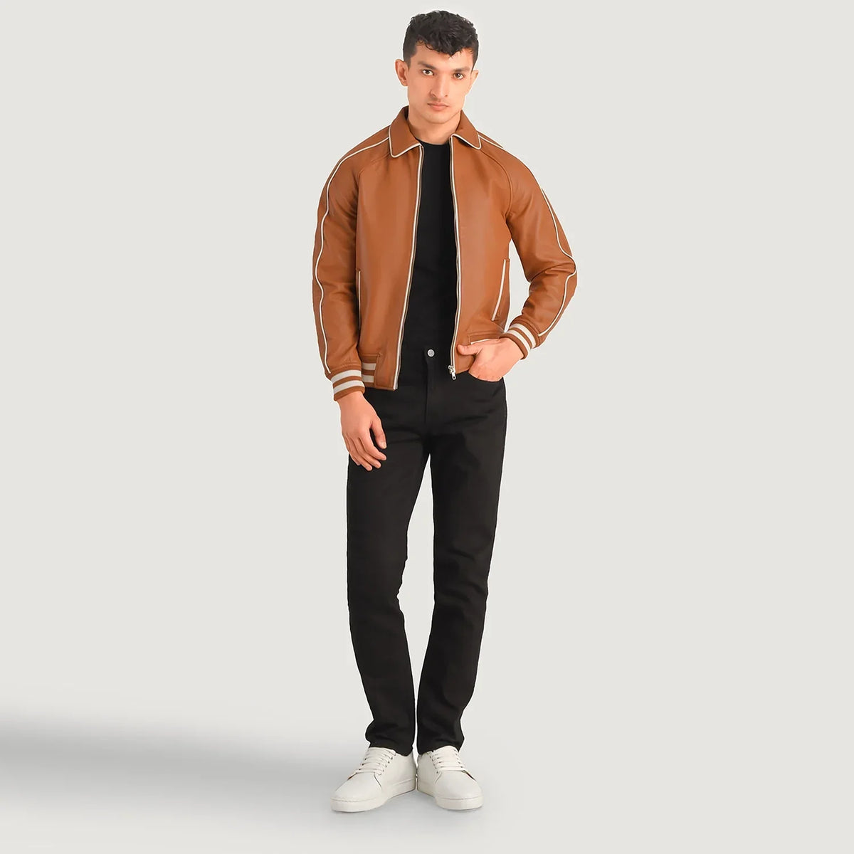 Cooper 탠 브라운 Leather Varsity 가죽 자켓 남성용 in Tan Brown Sheepskin Leather - Front Profile View &amp; Tailored Silhouette | Buy Online
