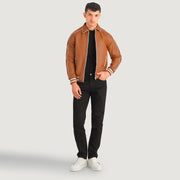 Cooper 탠 브라운 Leather Varsity 가죽 자켓 남성용 in Tan Brown Sheepskin Leather - Front Profile View &amp; Tailored Silhouette | Buy Online