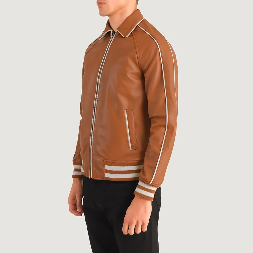 Cooper 탠 브라운 Leather Varsity 가죽 자켓 남성용