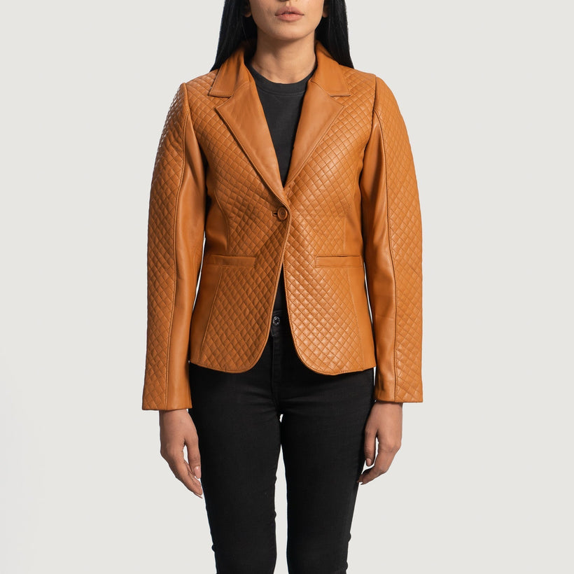 Cora Quilted 브라운 가죽 테일러드 블레이저 여성용