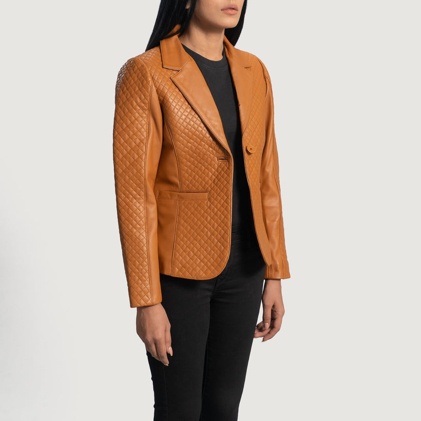 Cora Quilted 브라운 가죽 테일러드 블레이저 여성용