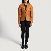 Women's Cora Quilted 브라운 가죽 테일러드 블레이저 여성용 - Lateral Side Profile View Showing Sleeve Cut &amp; Athletic Taper Fit
