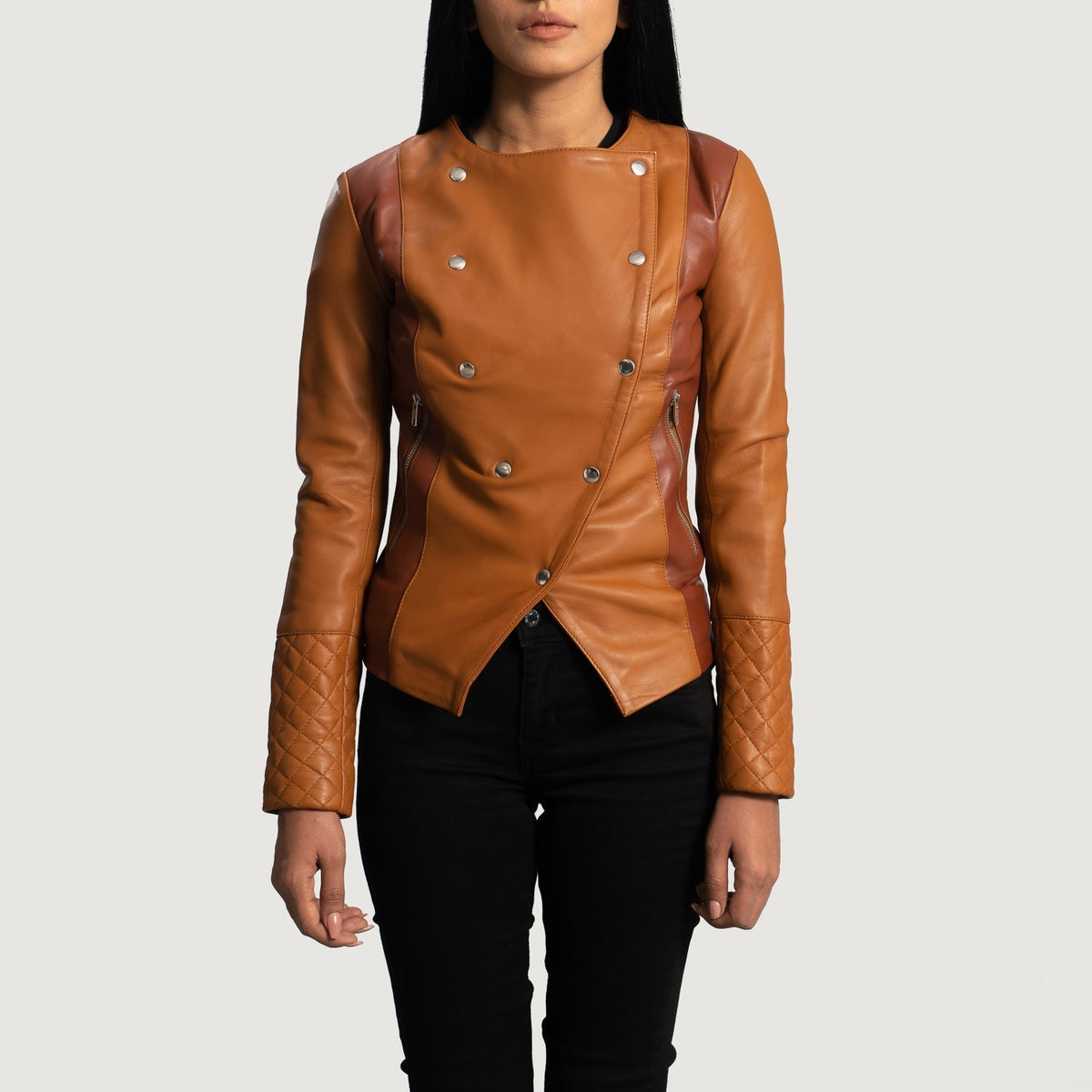 Women's County 탠 Overlap 가죽 자켓 여성용 in Tan Brown Sheepskin Leather - Front Profile View &amp; Tailored Silhouette | Buy Online