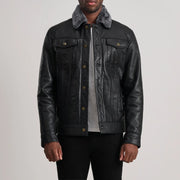 Dallis 블랙 Leather Shearling Trucker 가죽 자켓 남성용 in Black Sheepskin Leather - Front Profile View &amp; Tailored Silhouette | Buy Online