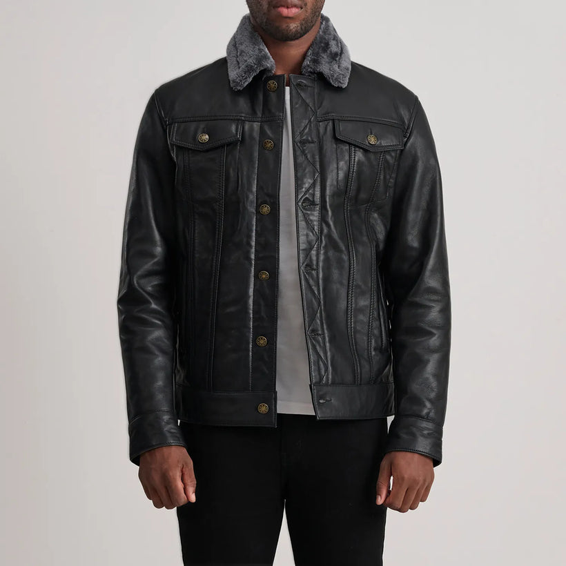 Dallis 블랙 Leather Shearling Trucker 가죽 자켓 남성용