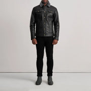 Dallis 블랙 Leather Shearling Trucker 가죽 자켓 남성용 - Lateral Side Profile View Showing Sleeve Cut &amp; Athletic Taper Fit