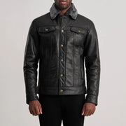 Close-Up Detail of Classic Collar &amp; Button Hardware on Dallis 블랙 Leather Shearling Trucker 가죽 자켓 남성용