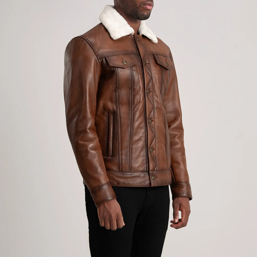 Dallis 브라운 Leather Shearling Trucker 가죽 자켓 남성용
