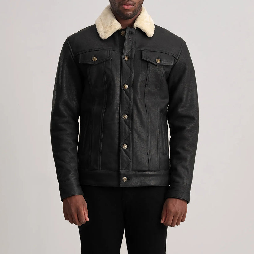 Dallis Distressed 블랙 Leather Shearling Trucker 가죽 자켓 남성용
