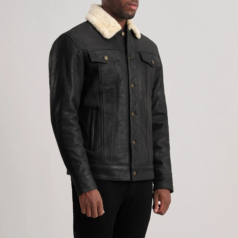 Dallis Distressed 블랙 Leather Shearling Trucker 가죽 자켓 남성용