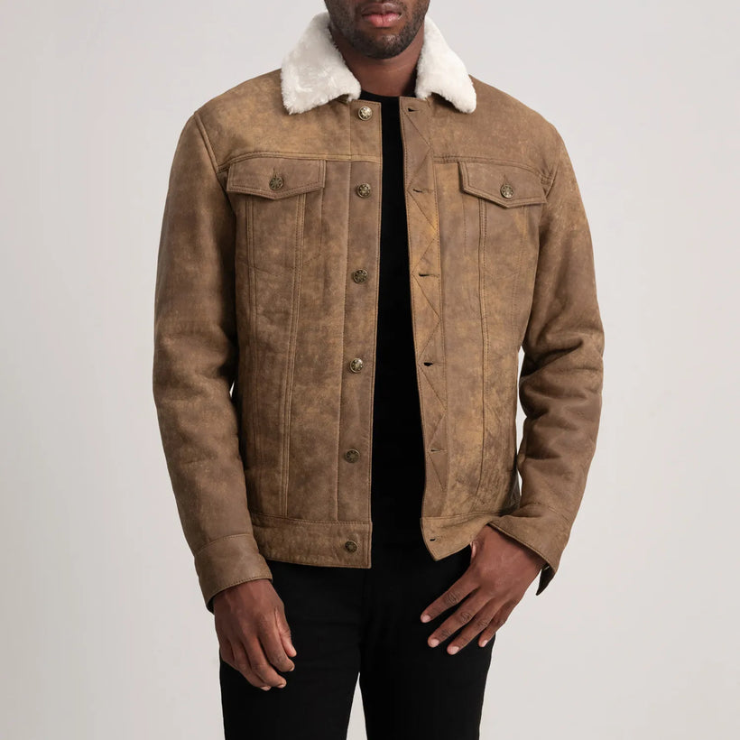 Dallis Distressed 브라운 Leather Shearling Trucker 가죽 자켓 남성용