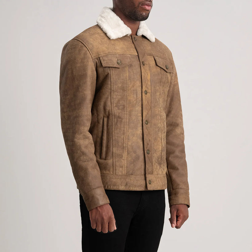 Dallis Distressed 브라운 Leather Shearling Trucker 가죽 자켓 남성용