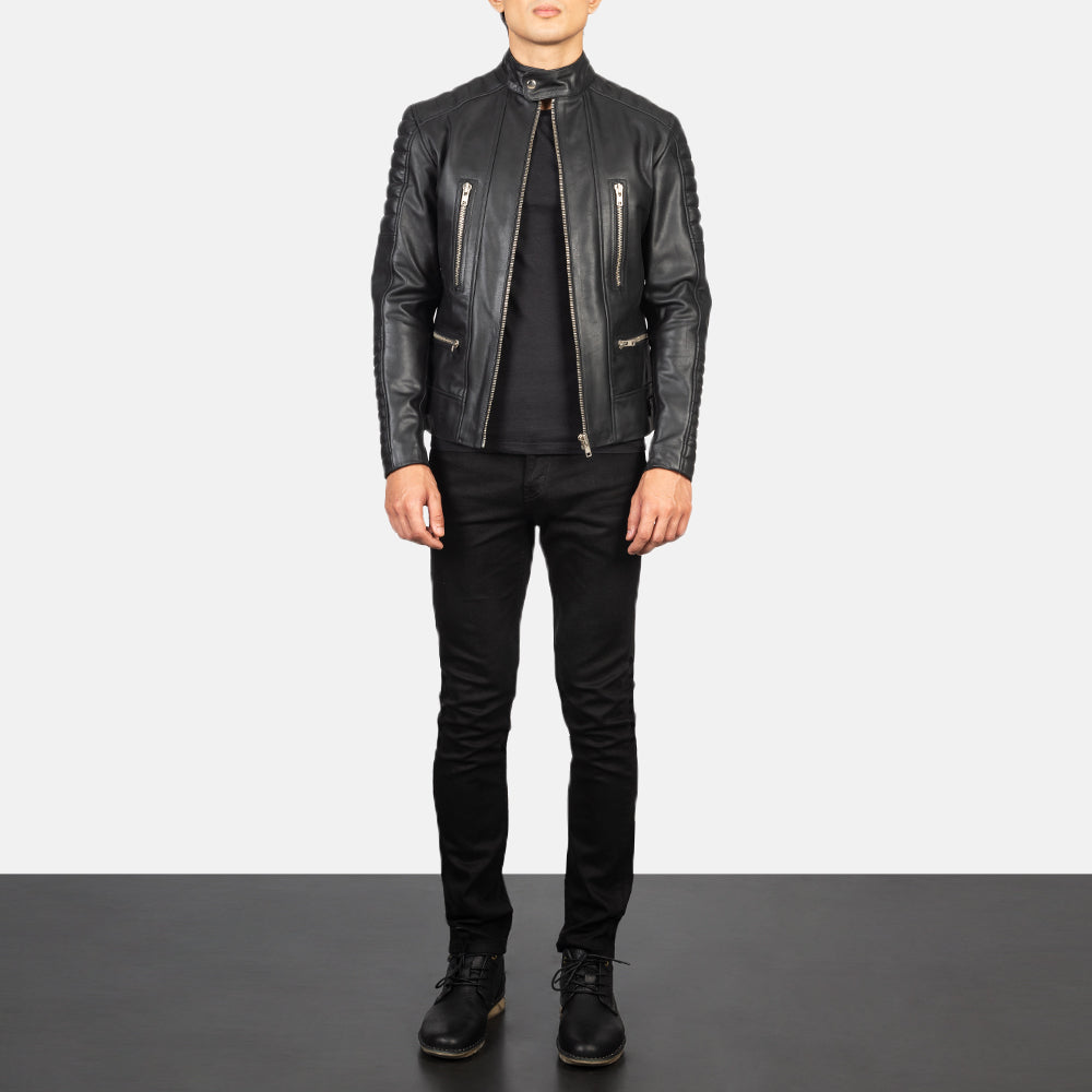 
Damian Grey Suede Biker Jacket - 입체 소매 커팅과 슬림 테이퍼드 핏을 보여주는 측면 뷰
