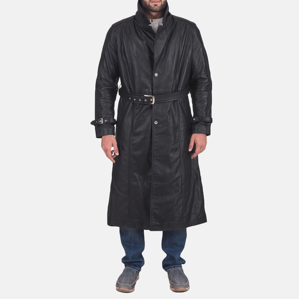 
Daniel 블랙 가죽 트렌치 코트 남성용 in Black Cowhide Leather - 정면 스타일 및 테일러드 실루엣 | 공식 온라인 스토어 구매