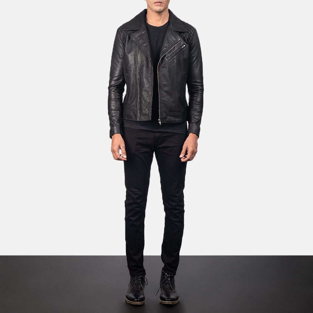 클로즈업 상세 of Notch & Zipper Hardware on Danny Quilted Brown Leather Biker Jacket