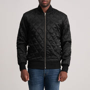 Danson Quilted 블랙 Varsity 가죽 자켓 남성용 in Black Satin - Front Profile View &amp; Tailored Silhouette | Buy Online