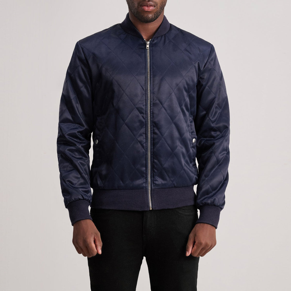 Danson Quilted Blue Varsity 가죽 자켓 남성용 in Blue Satin - Front Profile View &amp; Tailored Silhouette | Buy Online