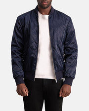 Danson Quilted Blue Varsity 가죽 자켓 남성용 - Lateral Side Profile View Showing Sleeve Cut &amp; Athletic Taper Fit