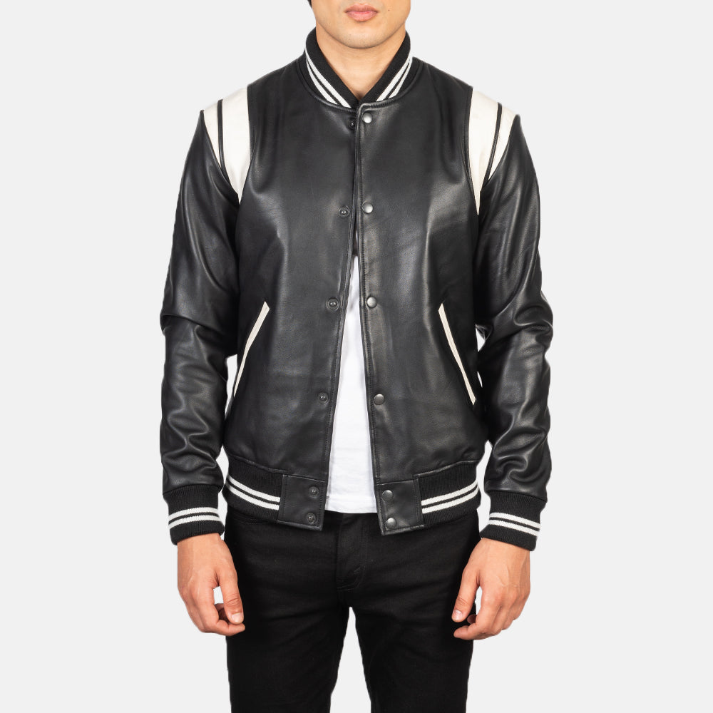 Men's Dantee 블랙 Leather Varsity 가죽 자켓 남성용 in Black &amp; White Sheepskin Leather - Front Profile View &amp; Tailored Silhouette | Buy Online