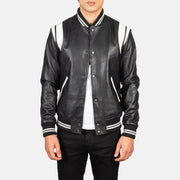 Men's Dantee 블랙 Leather Varsity 가죽 자켓 남성용 in Black &amp; White Sheepskin Leather - Front Profile View &amp; Tailored Silhouette | Buy Online
