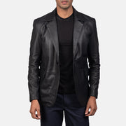 Close-Up Detail of Notch &amp; Button Hardware on Men's Daron 블랙 가죽 테일러드 블레이저 남성용