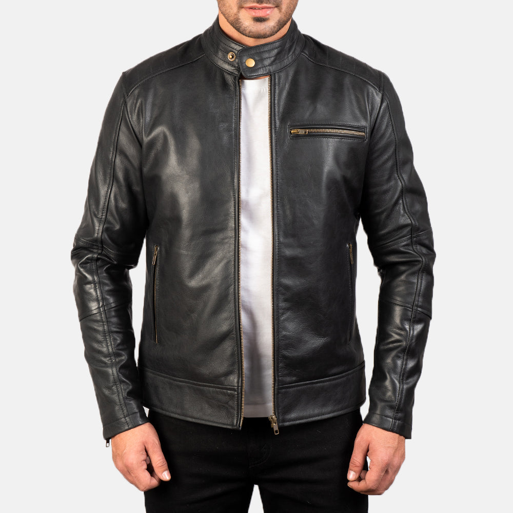 Dean 블랙 가죽 라이더 자켓 남성용 in Black Cow Hide Leather - Front Profile View &amp; Tailored Silhouette | Buy Online