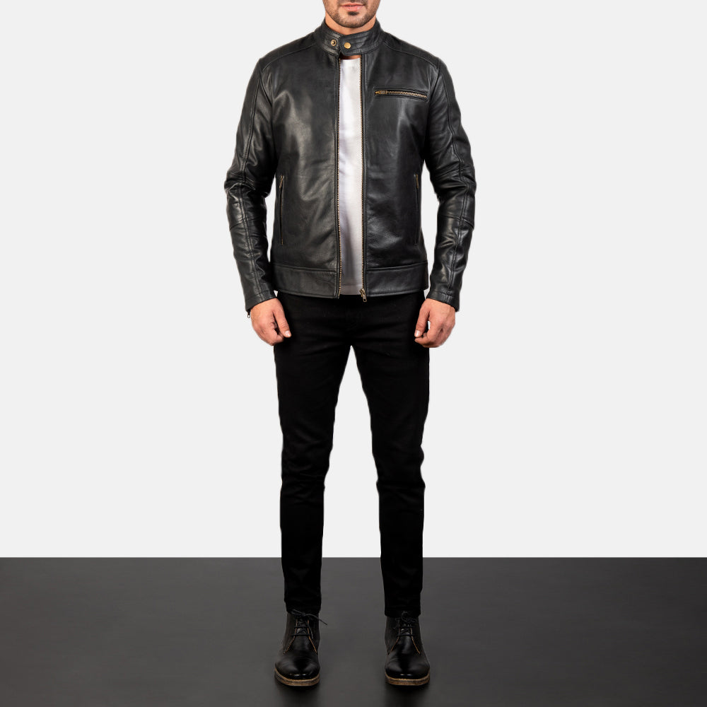 Dean 블랙 가죽 라이더 자켓 남성용 - Lateral Side Profile View Showing Sleeve Cut &amp; Athletic Taper Fit