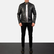 Dean 블랙 가죽 라이더 자켓 남성용 - Lateral Side Profile View Showing Sleeve Cut &amp; Athletic Taper Fit