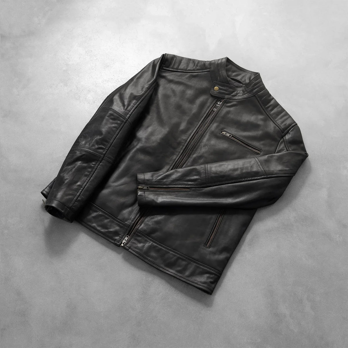 Zipper &amp; Hem Craftsmanship Construction Detail on Dean 블랙 가죽 라이더 자켓 남성용